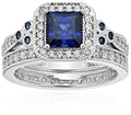 Amazon Essentials Platinum or Gold Plated Sterling Silver Antique Ring set with Asscher-Cut Infinite Elements Cubic Zirconia - color: Created Blue Sapphire/Platinum, size: 9
