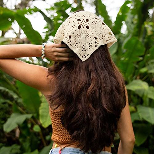 DRESHOW Floral Crochet Hair Bandana Tie Knotted Headscarf Vintage Headband Knitted Head Kerchief for Women Girls - color: 2 Pcs Floral Crochet (Black + Beige)