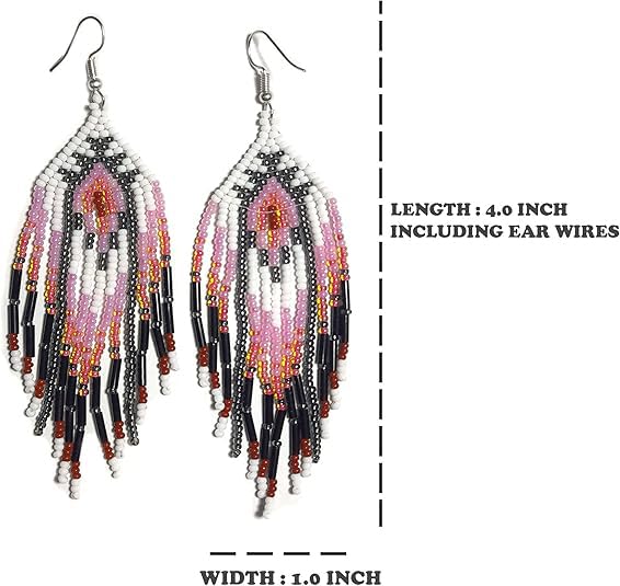 Long Beaded Dangle Earrings – Boho Native Handmade Seed Bead Tassel Bohemian Large Statement Drop Fringes for Women - color: Pattern1