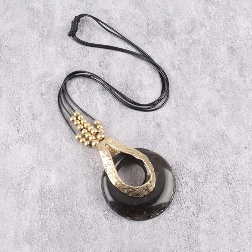 GelConnie Leather Necklace for Women Large Pendant Long Brown Necklace Circle Leather Choker Vintage Sweater Necklace Gold Chunky Boho Necklaces for Women - style: Black Stone Beads Necklace