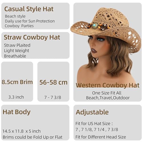 Straw Cowboy Hat, Western Cowgirl Hat, Wide Brim Sun Beach Hat for Men and Women - color: Khaki-m27