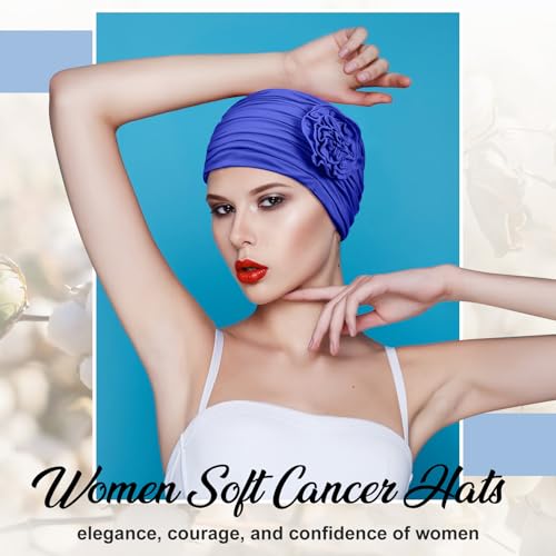 JenPen 4 Pcs Cotton Chemo Headwear for Women Turban Soft Cancer Head Scarf Hats Beanie Elastic Hair Wraps - color: Purple, Turquoise, Blue, Black