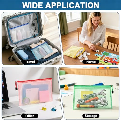 Mesh Zipper Pouch Bags - 5 Pack Waterproof Zipper Bags 6.8x9.4 Inch A5 Clear Mesh Storage Pouches Assorted Colors for Home, Office, Travel, Puzzles, Cosmetic, Accessories - size: 6.8 x 9.4 Inch