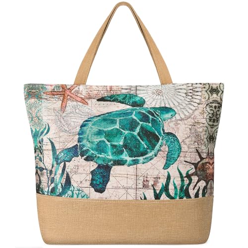 Trifabricy Beach Bag for Women, Large Beach Tote Bags with Zipper, Woven Straw Tote Waterproof, Swim Gym Shopping Travel Bag - color: Turtle