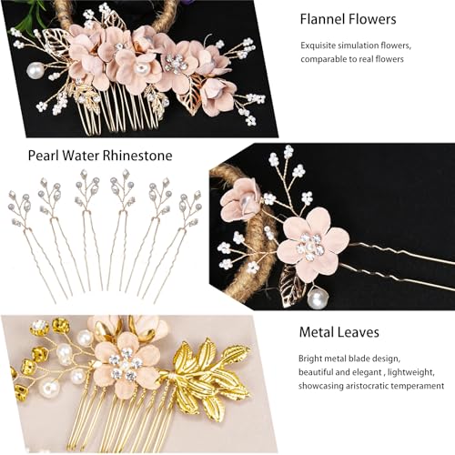Floral Hair Comb Set for Women - 10PCS Pink Flowers Hairs Accessories & Gold Hair Pins for girls, Victorian Hair Clips for Wedding, Prom, Mother of Bride, Flower Girl (Rose Gold, Fake Flowers) - color: Pink-F10