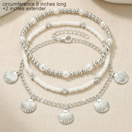 Boho Beads Beach Layered Anklet Set for Women, Handmade Gold Starfish Pearl Shell Anklets Summer Ocean Accessories Jewelry Gift - color: SShell