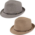 Funky Junque Straw Fedora Hats for Women - UPF 50+ Sun Hat, Short Brim Packable Beach Hat with Woven Pattern - color: 2 Pack - Black & Brown Multi W/ Beaded Ropes