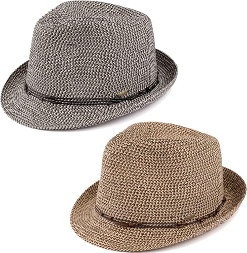Funky Junque Straw Fedora Hats for Women - UPF 50+ Sun Hat, Short Brim Packable Beach Hat with Woven Pattern - color: 2 Pack - Black & Brown Multi W/ Beaded Ropes