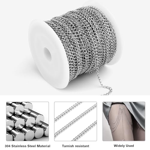 [66 Feet/ 20M] Stainless Steel Curb Chain Roll, 2.5mm 304 Stainless Steel Extension Chain Twisted Link Curb Chains Bulk for Jewelry Making Bracelet Necklace Extender - color: Stainless Steel, size: 2.5mm width