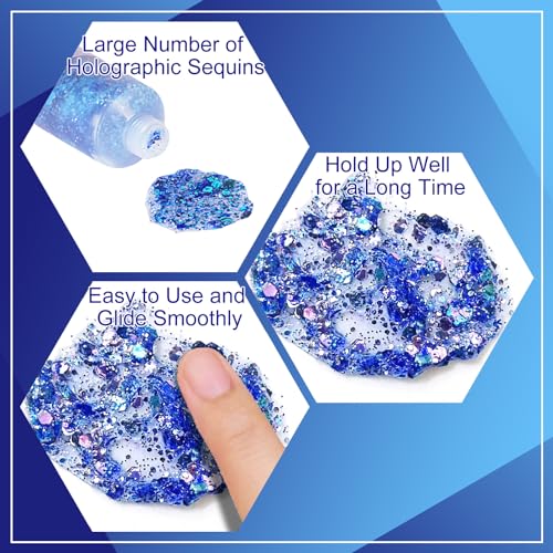 MEICOLY Chameleon Blue Hair Glitter,Holographic Chunky Face Glitter Gel,4th of July Outfits for Women, Patriotic Independence Day 4th of July Body Glitter - color: chameleon blue body glitter