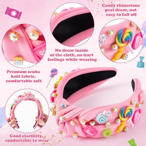 PANTIDE Candy Jeweled Knotted Headband - Valentine's Day Rainbow Lollipop Rhinestone Embellished Preppy Headband Non Slip Wide Top Knot Hairband Hair Accessories Birthday Gift for Women Girls (Pink) - color: Pink Candy
