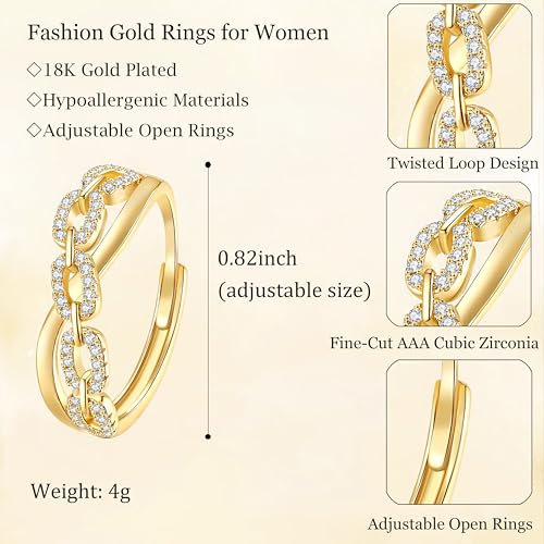 Gold Rings for Women Non Tarnish, 18K Gold Plated Trendy Stackable Gold Rings, Adjustable Open Statement Rings with Cubic Zirconia - color: Twisted Rings