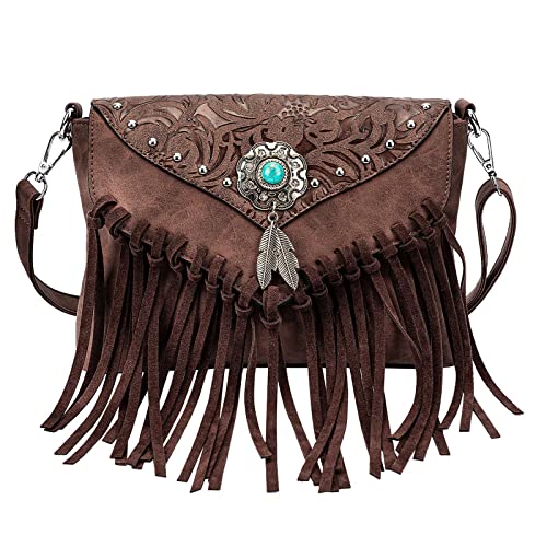 LAVAWA Small Crossbody Bags for Women Crossbody Handbag Fringe Purse Tassel Shoulder Bag Turquoise Concho Wallet - color: Brown