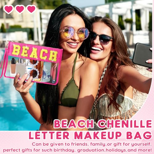 Hillban 2 Pcs Beach Makeup Bag Clear Cosmetic Toiletry Pouch Chenille Letter Patch Bags Preppy Summer Waterproof PVC Travel Purse Snack Portable Storage for Women - style: Beach Theme