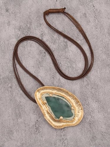 GelConnie Leather Necklace for Women Large Pendant Long Brown Necklace Circle Leather Choker Vintage Sweater Necklace Gold Chunky Boho Necklaces for Women - style: Chunky Boho Long Necklace