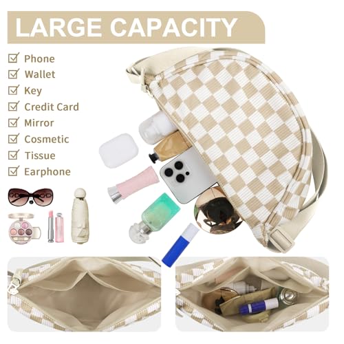 Nylon Crescent Crossbody Bag for Women Purses Trendy Men,Small Travel Sling Bag Hobo - color: Checkered-brown, size: Small