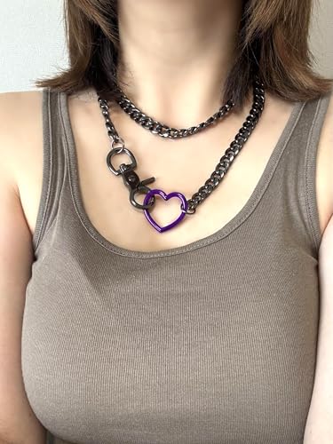 paloli Women's Slip Chain Rainbow Heart O-Ring Chunky Chain Necklace, Rays Cuban Long Layered Jewelry, Adjustable Lariat Y-Necklace Heart Loop Choker - color: F-Heart-Black-Purple
