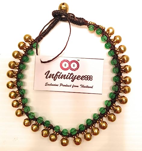 Infinityee888 Trendy Fashion Anklet Green Jade and Brass Bell Ankle Bracelet 10 Inches Woven with Wax Cord Beautiful Handmade Hippie Bohemian Style - size: 10 inches