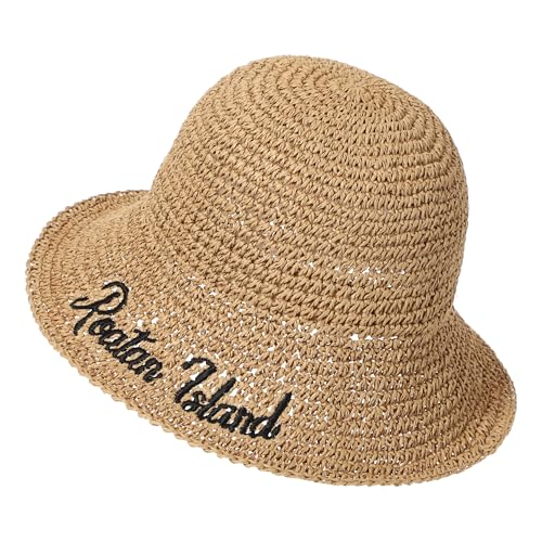Womens Sun Hat Handmade Crochet Straw Bucket for Summer Foldable Travel Cap - color: Khaki 2