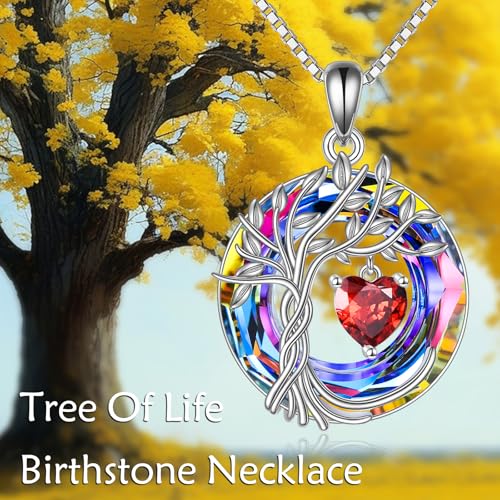 POPLYKE Mothers Day Gifts for Mom Her Wife Tree of Life Necklace 925 Sterling Silver Birthstone Pendant with Crystal Anniversary Birthday Wedding Jewelry for Women - color: 01-Jan-Garnet, style: White Gold Plated-Volcano Crystal