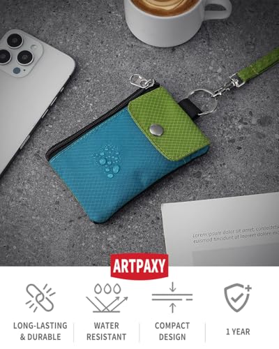 Artpaxy Minimalist Wallet For Mens Womens, Keychain RFID Blocking Zipper Small Wallet with ID Window 2 Lanyards,Water Resistant Travel Cash Card Coin Case Boys Girls - color: Blue green+Lime green, style: Casual