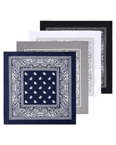 Bycc Bynn Large 27" x 27" 100% Cotton Bandanas - Set of 4 - color: Black+gray+white+navy Blue