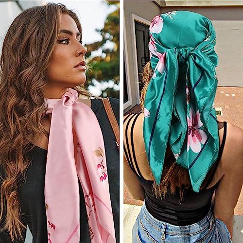 DRESHOW 35” Large Square Satin Head Scarf - 4Pcs Silk Accessories Classic Patterned Squares Beach Bandanas for Women - color: 4 Pcs: Turquoise, Pink , Purple Black, Beige