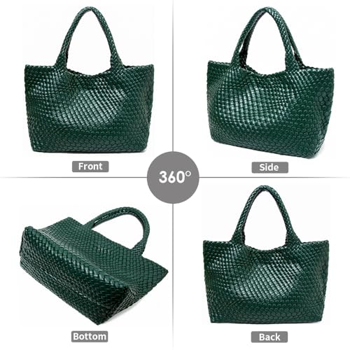 Handmade Woven Tote Bag for Women, Soft Vegan Leather Shoulder Bag with Purse, Large Travel Handbag - color: Dark Green