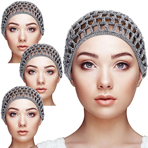 Geyoga 4 Pieces Mesh Crochet Hair Net Rayon Knit Snood Hat Thick Short Women Hairnet Snoods Cover Ornament for Sleeping (Gray) - color: Gray