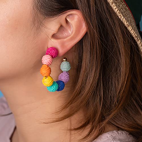 Raffia Hoop Earrings Statement Boho Beaded Earrings Cute Rattan Handmade Colorful Jewelry for Women Unique Summer Outfits - color: Rainbow
