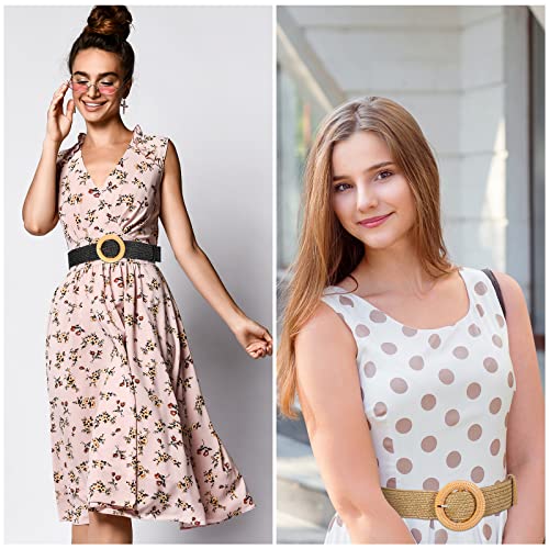2 Pieces Women Straw Woven Elastic Stretch Waist Belt Skinny Dress Braided Waist Belt with Wooden Style Buckle - color: Black and Natural