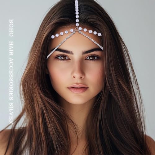 Boho Pearl Head Chain Jewelry Crystal Headpieces Wedding Rhinestone Headband Hair Accessories for Women (Silver) - color: Silver