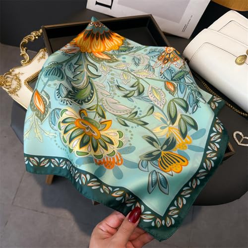 CHUNG Women's Scarf Hair Bandanas Square 27.5" Satin Wrap Fashion Pattern Scarves Emulation Silk Handbag Ribbons Necktie - color: Blue Flower-87#