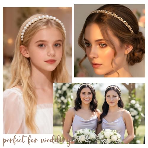 6 Pcs Pearl Headbands for Women, Thin Gold Metal Faux Pearl Hair Bands, Sparkly Rhinestone Crystal Beaded Hair Hoops, Elegant Bridal Wedding Hair Accessories for Girls - color: Pearl Rhinestone