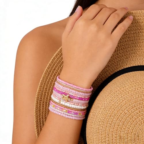 Shell Bracelet Seashell Boho Beaded Stretch Bracelets for Women Summer Beach Bracelets Starfish Charm Bracelet Stackable Gold Plated Bracelets Set for Women - color: g-pink