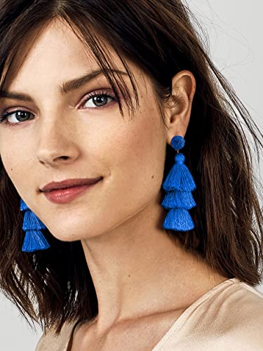 Me&Hz Colorful Layered Tassel Earrings Bohemian Statement Tiered Tassel Big Dangle Drop Earrings for Women Druzy Studs Valentine’s Day Gift - color: Blue