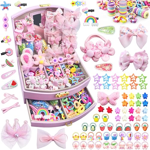252 Pcs Hair Accessories for Girls, Back to School Hair Accessory Gift Hair Stuff Including Jewlry Box,Hair Clips,Hair Barrettes,Hair Ties,Hair Bows for Little One Teen Age 3-12 - color: P-PINK