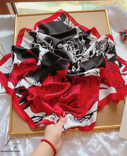 Hioyiwse Head Scarf For Women Hair Bandana 35" Large Square Satin Wrap Sleeping Neck Silk Satin Hair Scarves Lightweight - color: F26-big Red Rose(35*35inch）