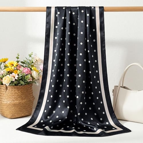 Pistha Head Scarf Bandana for Women, Satin Scarf for Hair, Large Square Silk Bandana Headscarf for Women and Men 35 Inch - style: Dot-black