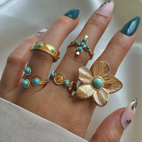 Bohemian Turquoise Ring for Women Chunky Gold Flower Statement Rings Vintage Round Turquoises Stackable Knuckle Ring Set for Women Western Jewelry - style: Turquoise flower ring-A