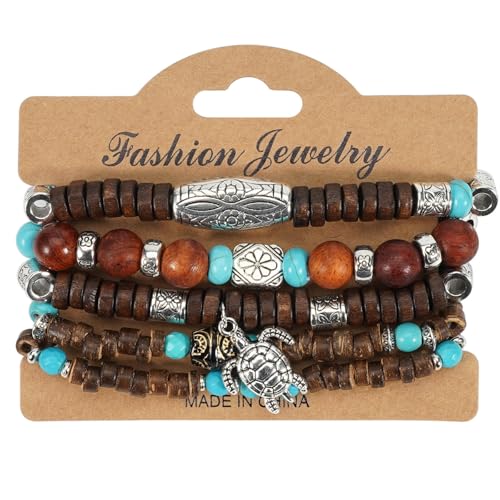 COLORFUL BLING Boho Turquoise Wooden Beaded Stretch Bracelets Stackable Turtle Butterfly Elephant Shell Heart Charms Bracelet for Women Men Western Jewelry Gifts - style: Set 2
