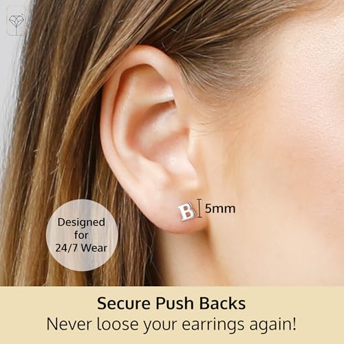 14k Gold Small Script Initial Letter Stud Earrings for Women | Anti Tarnishing 5mm 14k Gold Studs | A-Z Alphabet Earrings with Gift Box by MAX + STONE - style: B | White Gold