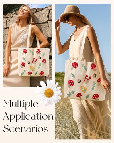 Miss Adola Embroidery Tote Bag with Pocket & Buckle - Reusable Canvas Tote for Women Cute Aesthetic Work Shopping Grocery Bag - style: Shiitake