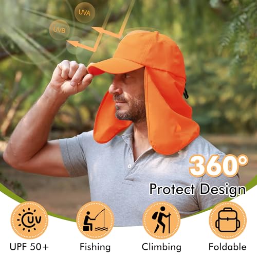 Tirrinia Wide Brim Sun Hat with Neck Flap for Men & Women, Breathable Hiking Fishing Safari Hat, Outdoor UV Protection Cap - color: Orange