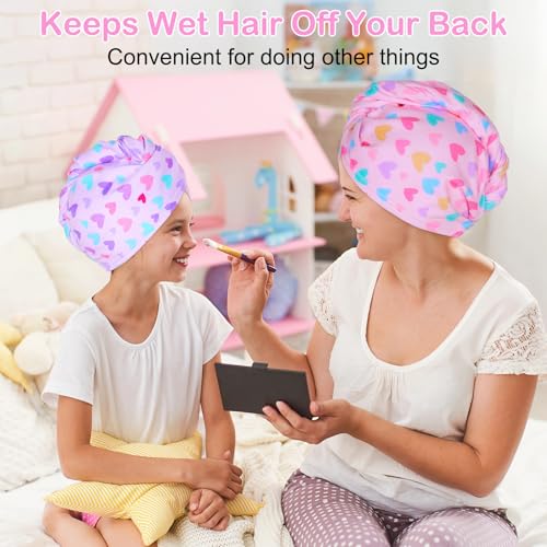 Basumee Microfiber Hair Towel Wrap for Kids 2 Pack Rapid Drying Hair Towel with Button Hair Turbans for Wet Hair Wraps Head Towel Wrap for Women and Girls - color: Pink Purple Love