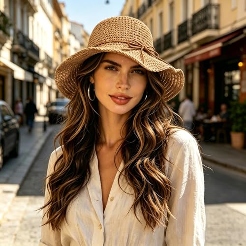 Straw Bucket Hat for Women Foldable Summer Beach Sun Hats Wide Brim Crochet Floppy Hat for Vacation Travel Shade & Style - color: Khaki-c