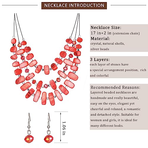 3 Layered Chunky Statement Necklace for Women Beaded Strand Necklaces with Earring Fashion Costumes Collar Necklace Jewelry Sets Gifts for Women - color: 50-Red