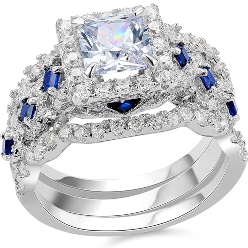Newshe Jewellery Princess Moissanite Engagement Ring for Women 925 Sterling Silver Wedding Band Rings Blue Sapphire Bridal Sets Promise Size