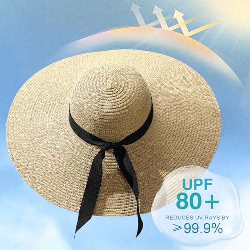 Womens Beach Sun Straw Hat with Straw Belt UV UPF 80+ Travel Foldable Brim Summer UV Hat Stretch Boho Belt for Dress - color: Beige, size: X-Small