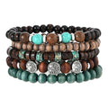 5pcs Wooden Bead Bracelet Set with Charm and Tassel for Men & Women - Stackable Boho Bracelets, Amber Color Scheme Adjustable Bracelet - color: Brown Cyan